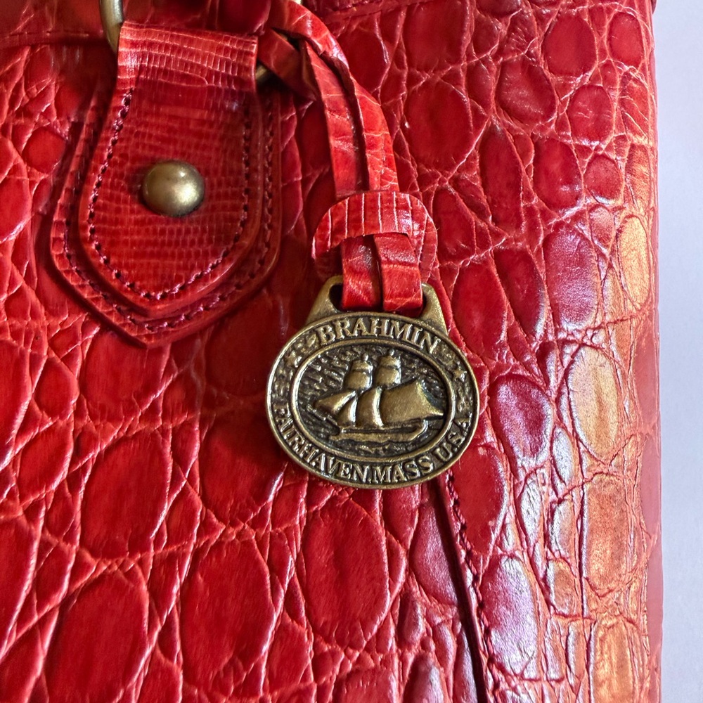 Vtg Brahmin Red Leather Tote Bag Prissy Collection Croc-Embossed Purse - Picture 6 of 15
